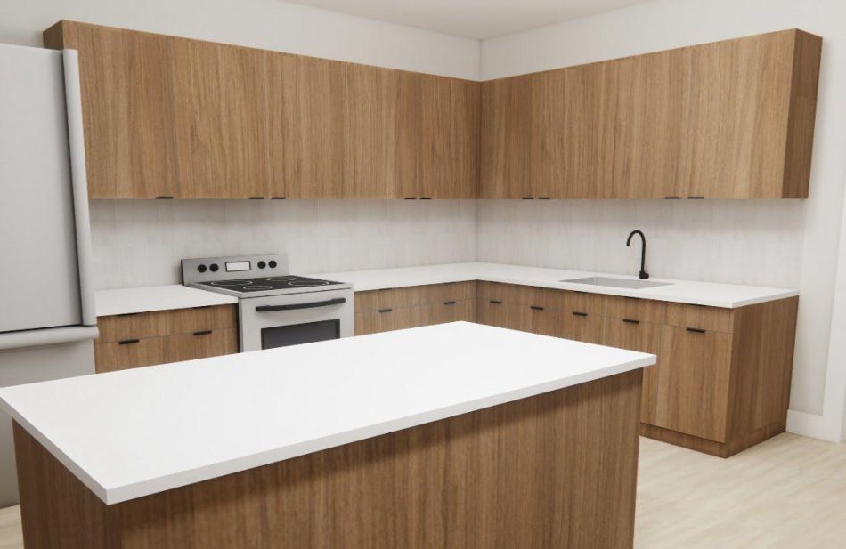 artist rendering of kitchen with medium brown wood cabinets