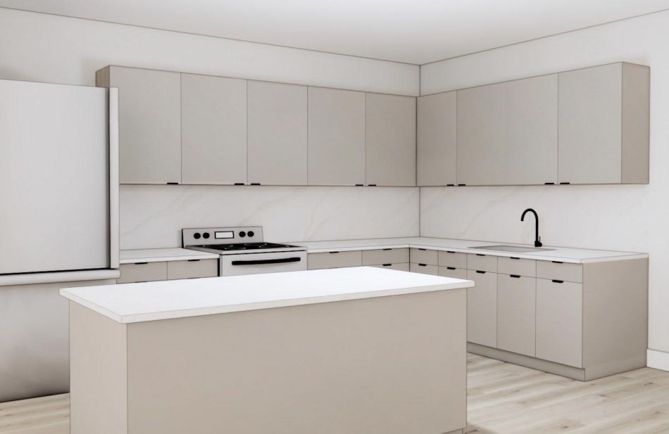 artist rendering of kitchen with beige painted cabinets