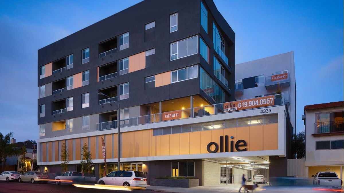 Ollie North Park Lofts evening exterior front view